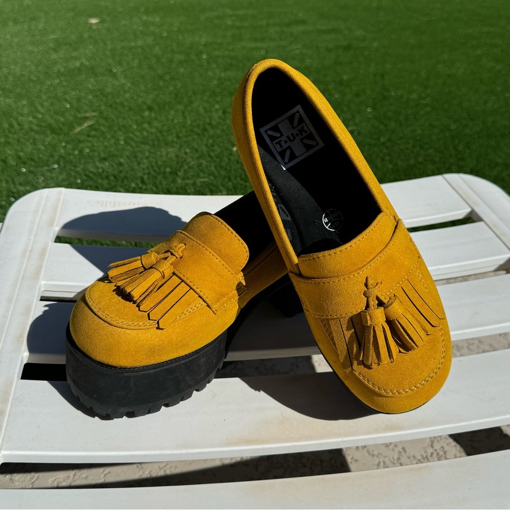 TUKMustard Yellow Suede Tassel Platform Loafers